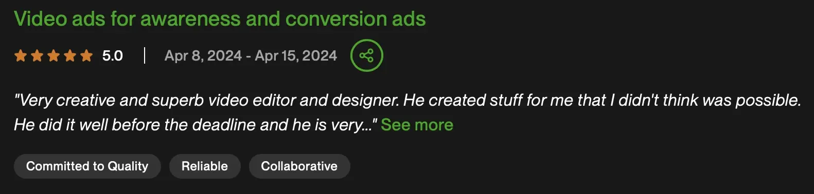 Client review screenshot: 5.0 stars, “Video ads for awareness and conversion ads”