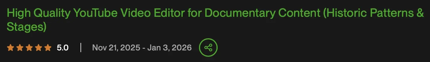 Client review screenshot: 5.0 stars, Upwork client project, Nov 2025 – Jan 2026