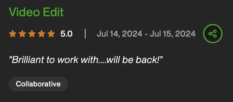 Client review screenshot: 5.0 stars, “Video Edit”