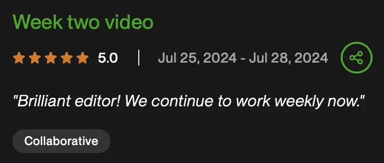 Client review screenshot: 5.0 stars, “Week two video”